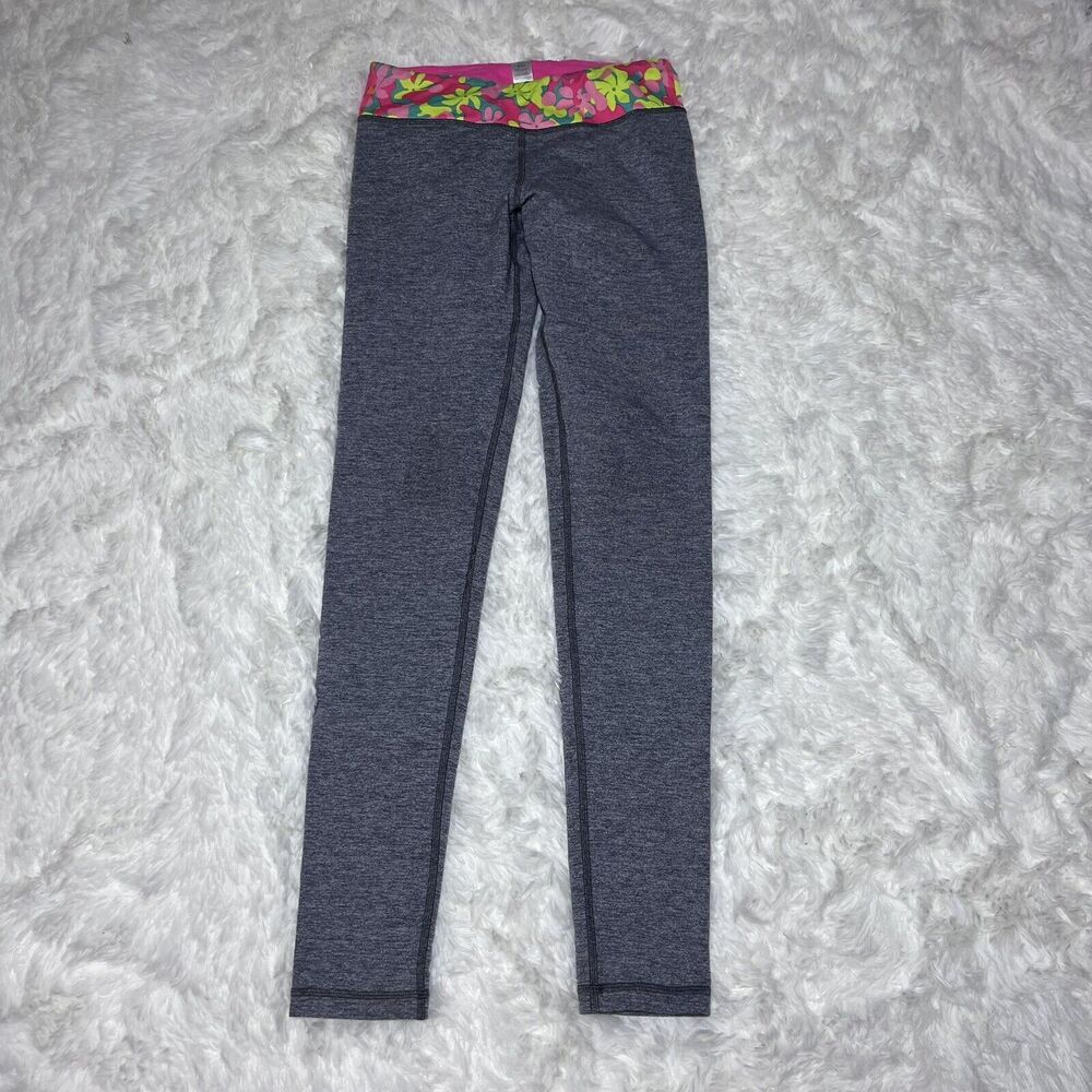 IVIVVA by Lululemon Girls Leggings Gray Pink Size 12 Floral Waistband Kids B20